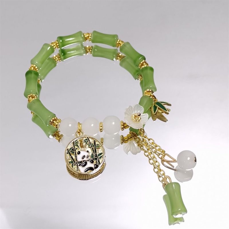 Elegant Bamboo-Inspired Panda Charm Bracelets – Double Strand Green & White Beaded Jewelry