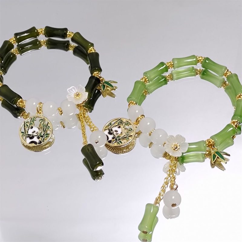 Elegant Bamboo-Inspired Panda Charm Bracelets – Double Strand Green & White Beaded Jewelry