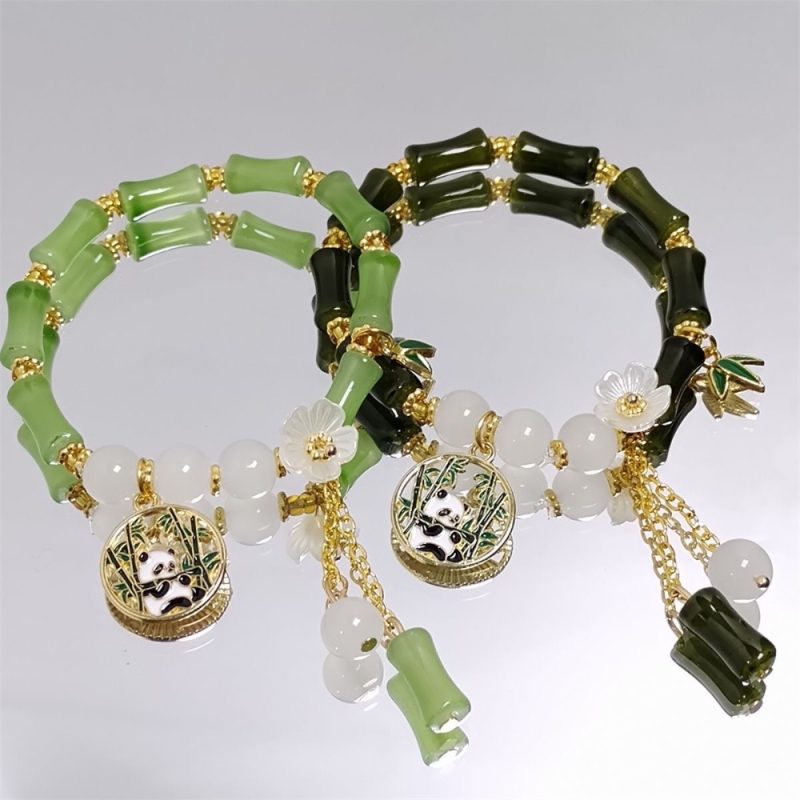 Elegant Bamboo-Inspired Panda Charm Bracelets – Double Strand Green & White Beaded Jewelry