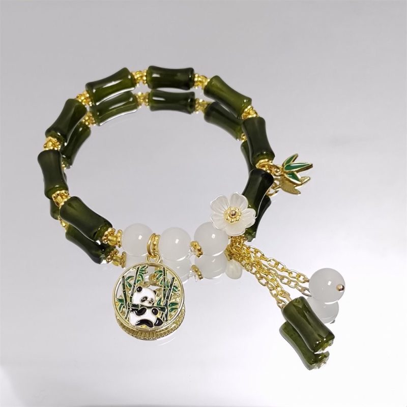 Elegant Bamboo-Inspired Panda Charm Bracelets – Double Strand Green & White Beaded Jewelry