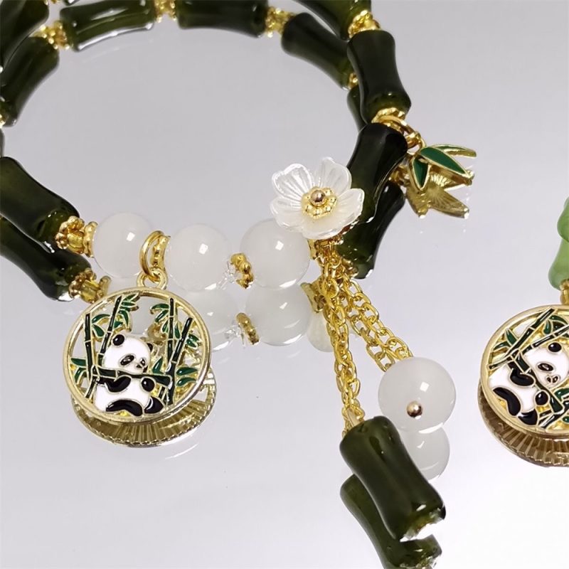 Elegant Bamboo-Inspired Panda Charm Bracelets – Double Strand Green & White Beaded Jewelry