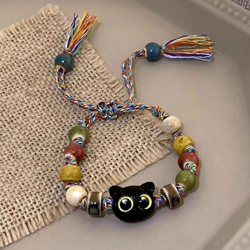 Lucky Cat Charm Bracelet – Handcrafted Boho Protection Jewelry