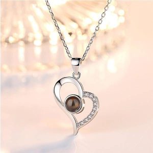 Personalized Heart Photo Projection Necklace with I Love You in 100 Languages
