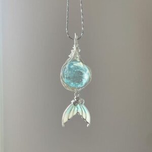 Mermaid_Tail_Necklace_with_Aquamarine_Sea_Glass_WH_1125×1125px Mermaid Tail Necklace with Aquamarine Sea Glass - Hand Wire Wrapped Ocean Jewelry